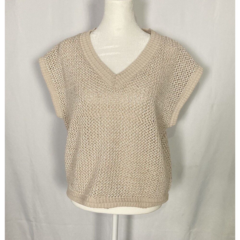 Joie Large Sequined Sparkly Open Knit Sweater Vest Beige V-Neck Party Knit Top
